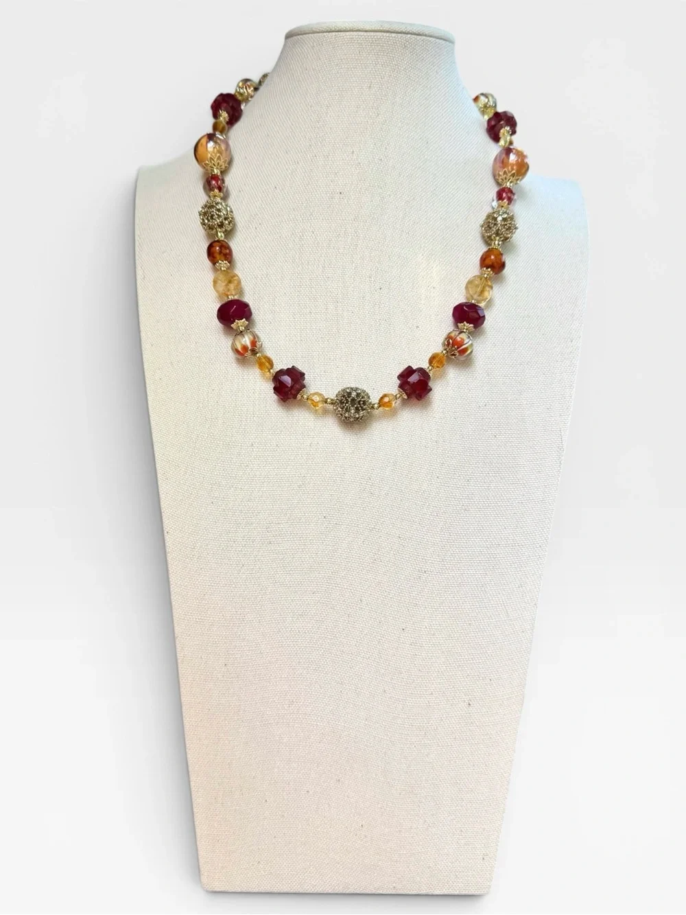 ARTISAN Lampwork Glass, Czech Glass, Ruby & Citrine Necklace